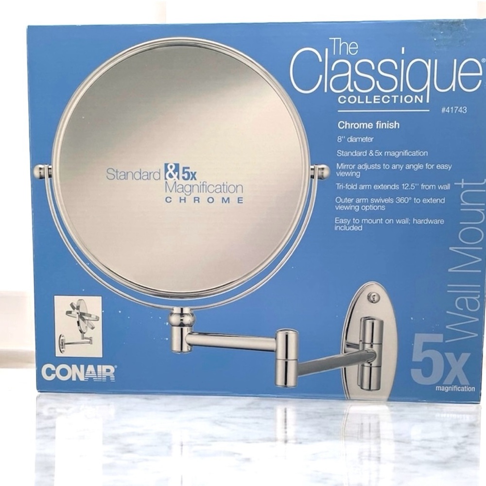 Conair 8" Chrome Wall Mirror 5X Mag Swivel Arm Make Up Open Box